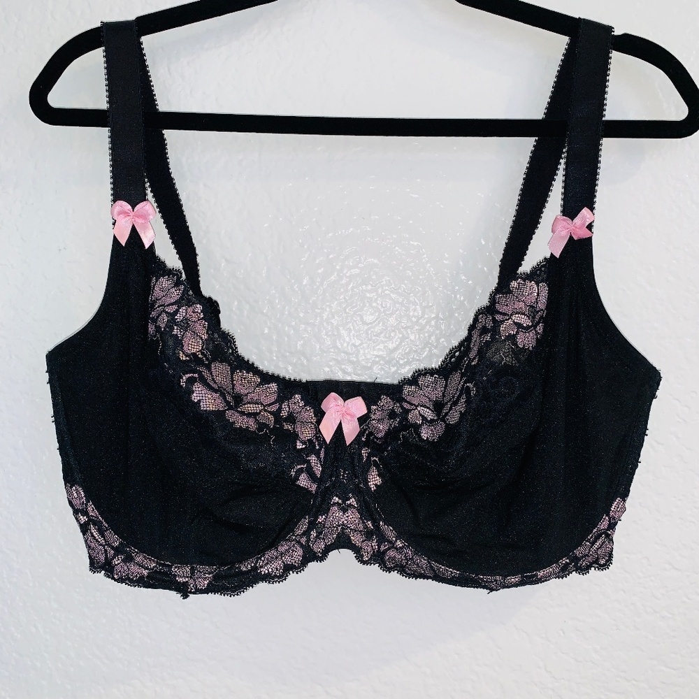 Adore Me Black Bra 38G Pink Trim Bows Coquette Lolita Whimsy Goth Romantic